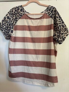 Striped Tee with Leopard Raglan Sleeves - Cream & Dusty Rose